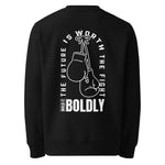Back view of a black Build It Boldly unisex organic sweatshirt with boxing gloves graphic and “The Future Is Worth the Fight” message on a plain background.