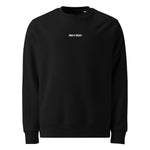 Front view of a black Build It Boldly unisex organic sweatshirt with small white chest logo on a plain background.
