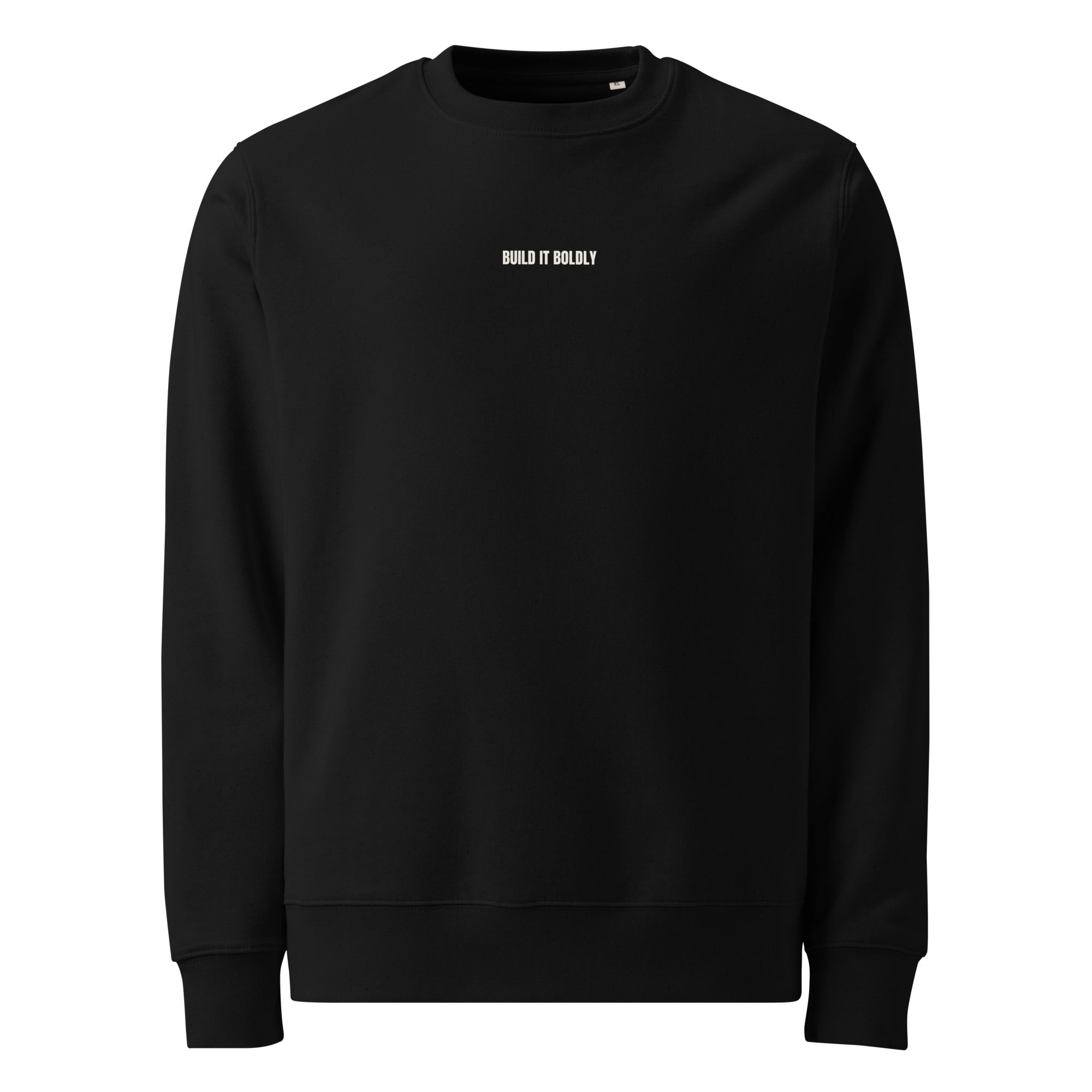 Front view of a black Build It Boldly unisex organic sweatshirt with small white chest logo on a plain background.