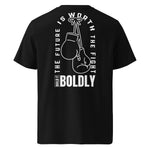 Back view of a black Build It Boldly unisex organic ribbed-neck t-shirt with boxing gloves graphic and “The Future Is Worth the Fight” design on a plain background.