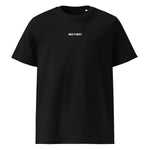 Front view of a black Build It Boldly unisex organic ribbed-neck t-shirt with small white chest logo on a plain background.