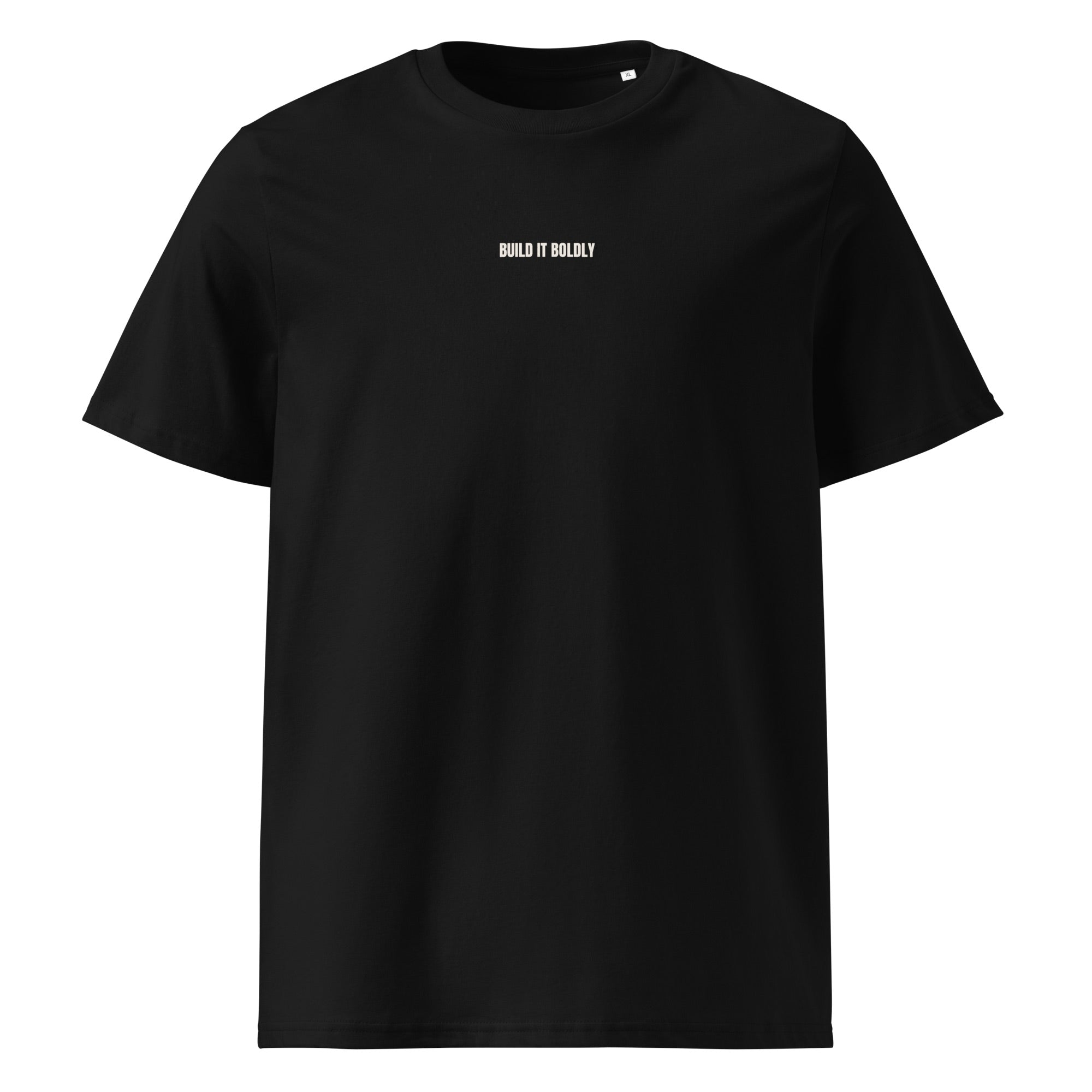 Front view of a black Build It Boldly unisex organic ribbed-neck t-shirt with small white chest logo on a plain background.