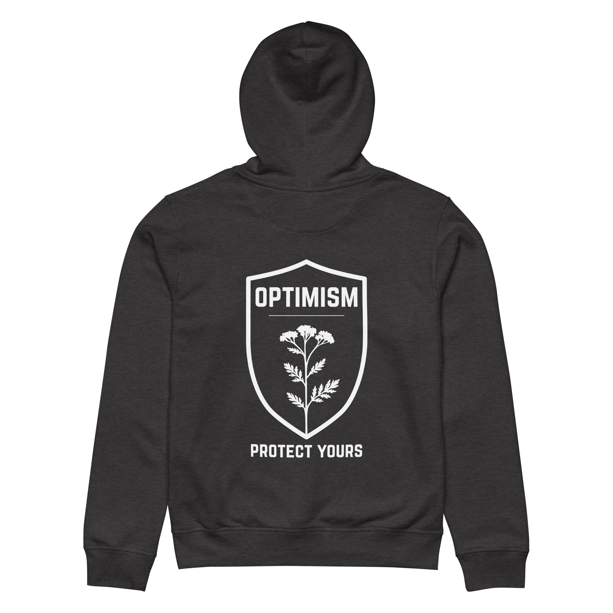 Back view of a dark heather gray Build It Boldly unisex organic hoodie with white “Optimism Protect Yours” shield graphic on a plain background.