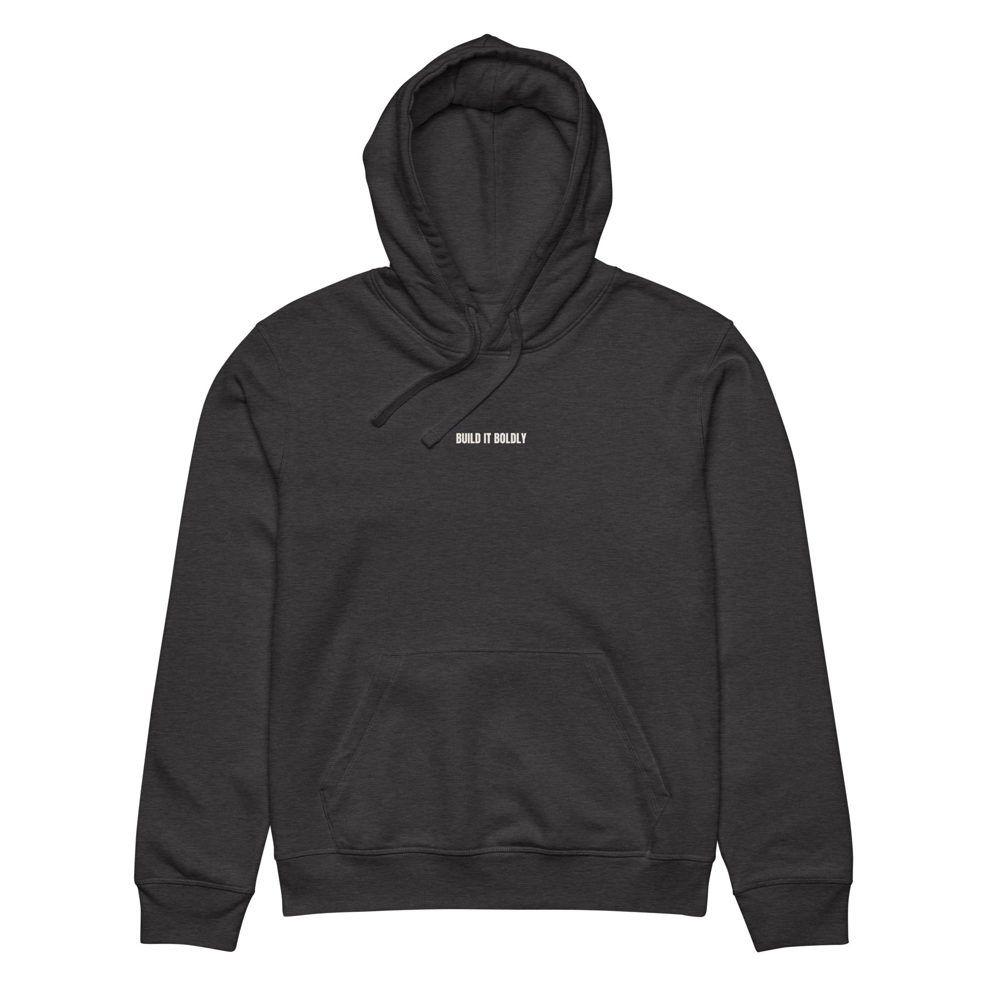 Front view of a dark heather gray Build It Boldly unisex organic hoodie with small white chest logo on a plain background.
