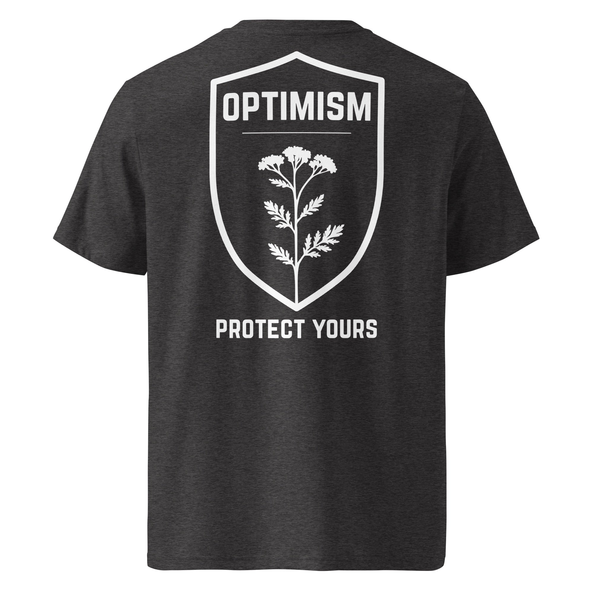 Back view of a dark heather gray Build It Boldly unisex organic ribbed-neck t-shirt with white “Optimism Protect Yours” shield graphic on a plain background.