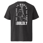 Back view of a dark heather gray Build It Boldly unisex organic ribbed-neck t-shirt with boxing gloves graphic and “The Future Is Worth the Fight” design