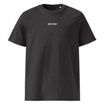 Front view of a dark heather gray Build It Boldly unisex organic ribbed-neck t-shirt with small white chest logo on a plain background.