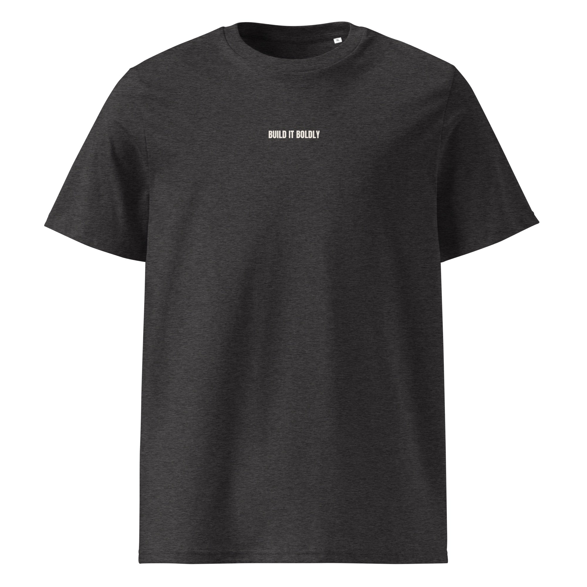 Front view of a dark heather gray Build It Boldly unisex organic ribbed-neck t-shirt with small white chest logo on a plain background.