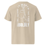 Back view of a desert dust Build It Boldly unisex organic ribbed-neck t-shirt with boxing gloves graphic and “The Future Is Worth the Fight” design.