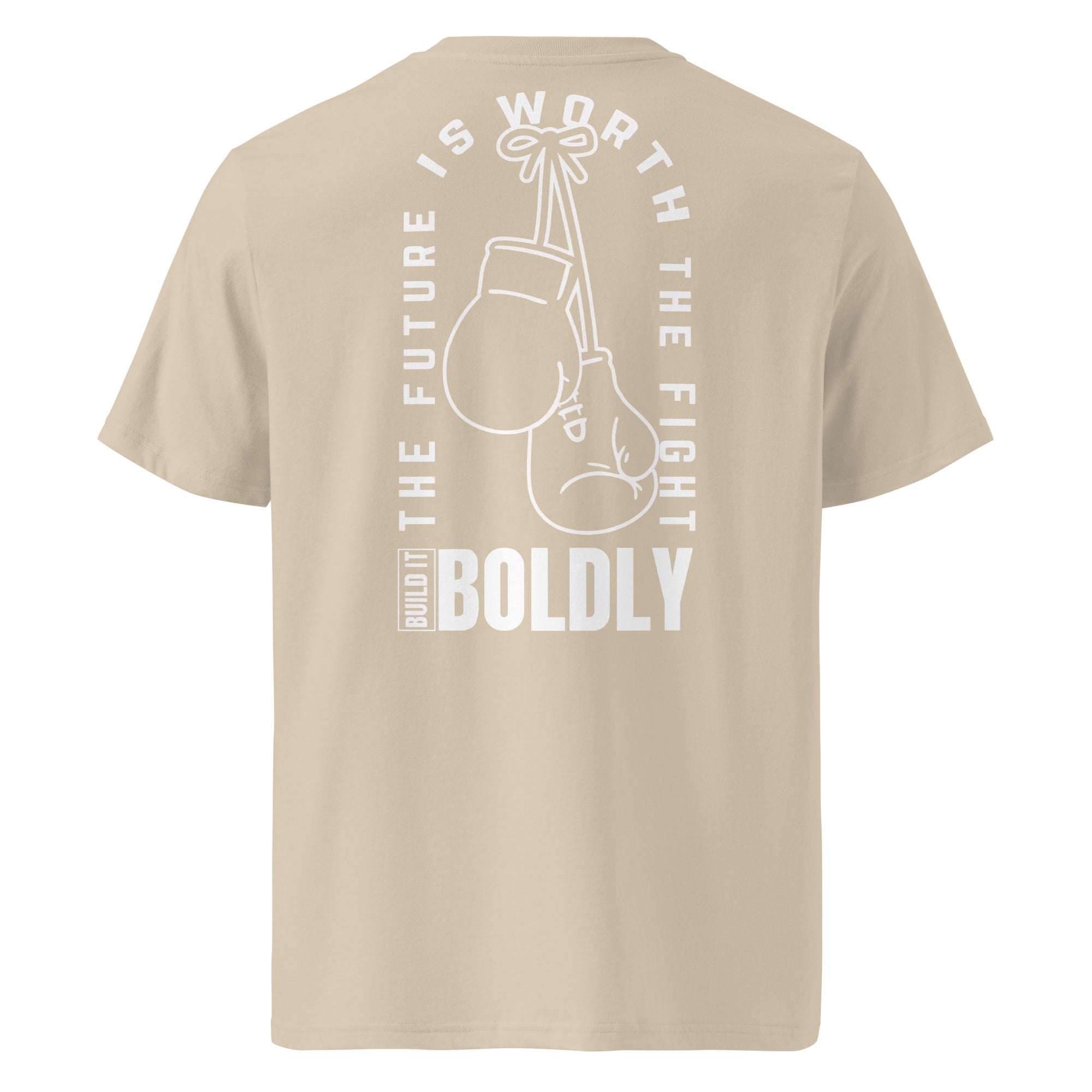 Back view of a desert dust Build It Boldly unisex organic ribbed-neck t-shirt with boxing gloves graphic and “The Future Is Worth the Fight” design.