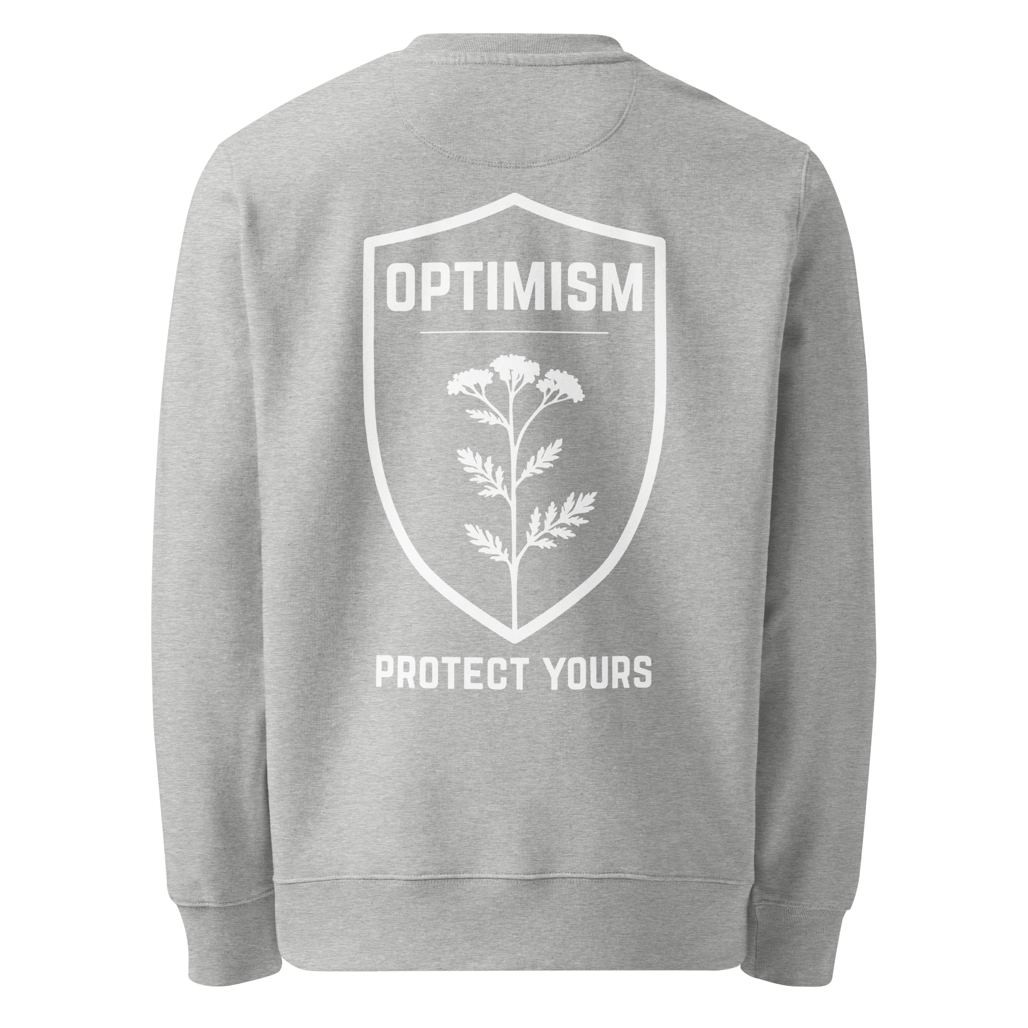 Back view of heather gray Build It Boldly crewneck sweatshirt with white “Optimism Protect Yours” shield graphic on a plain background.