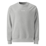 Front view of heather gray Build It Boldly crewneck sweatshirt with small white chest logo on a plain background.