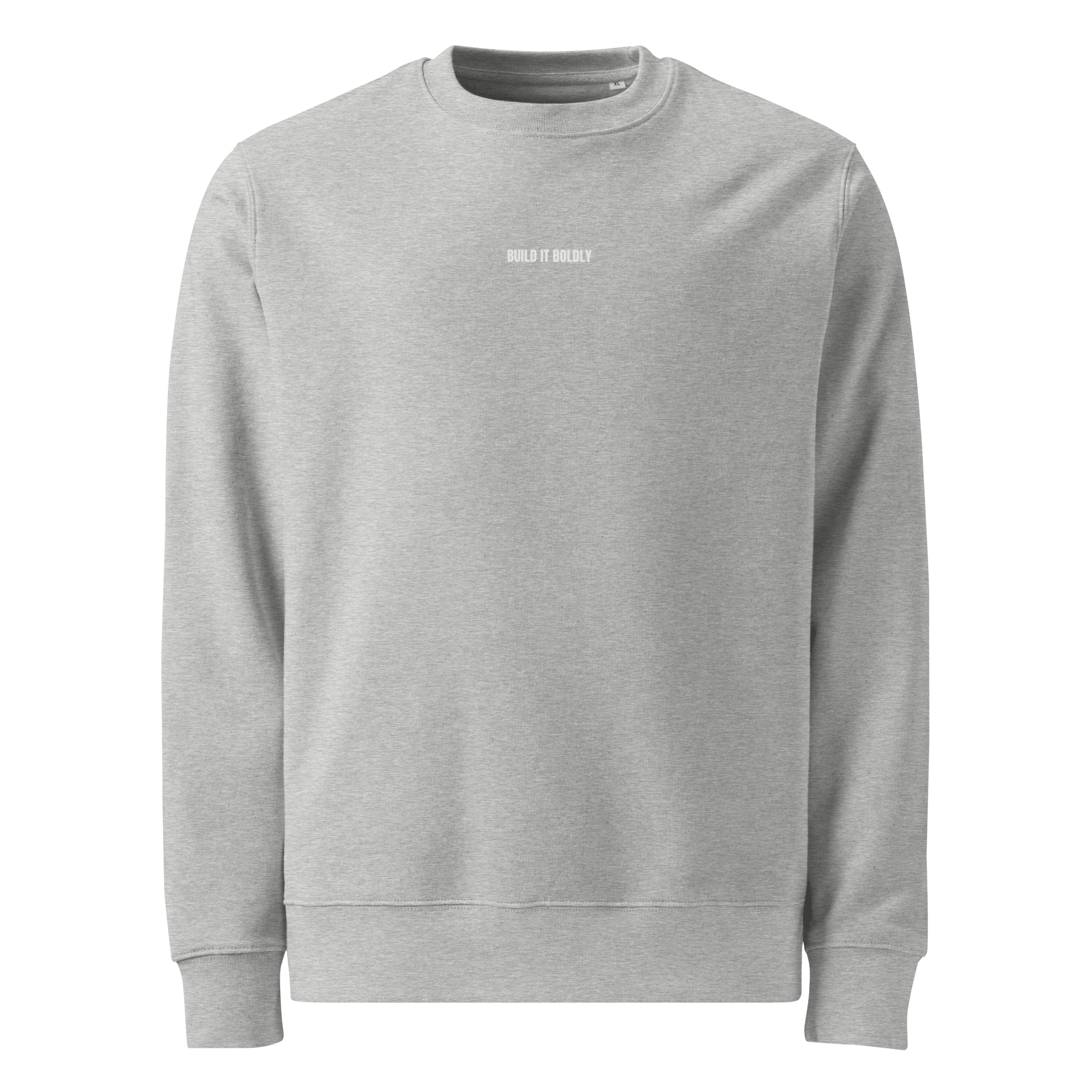 Front view of heather gray Build It Boldly crewneck sweatshirt with small white chest logo on a plain background.