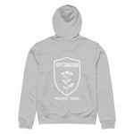 Back view of a heather gray Build It Boldly unisex organic hoodie with white “Optimism Protect Yours” shield graphic on a plain background.