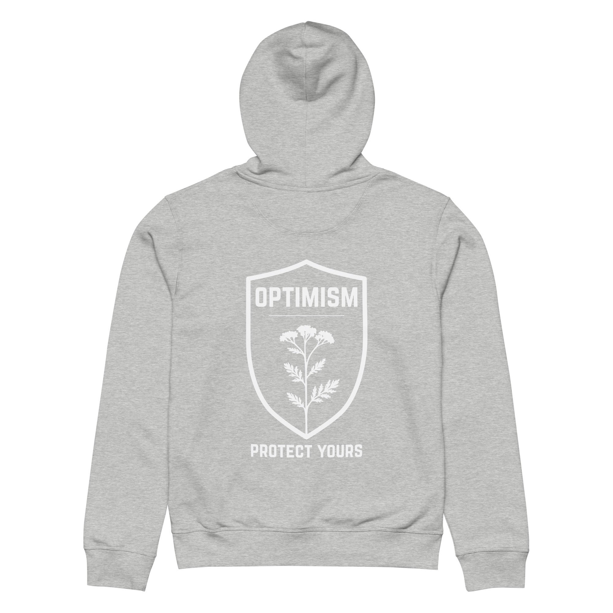 Back view of a heather gray Build It Boldly unisex organic hoodie with white “Optimism Protect Yours” shield graphic on a plain background.