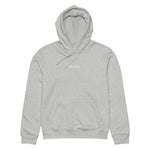 Front view of a heather gray Build It Boldly unisex organic hoodie with small white chest logo on a plain background.