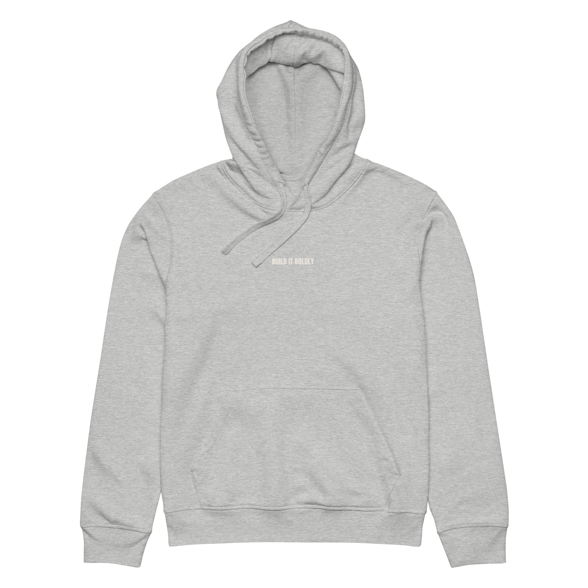 Front view of a heather gray Build It Boldly unisex organic hoodie with small white chest logo on a plain background.