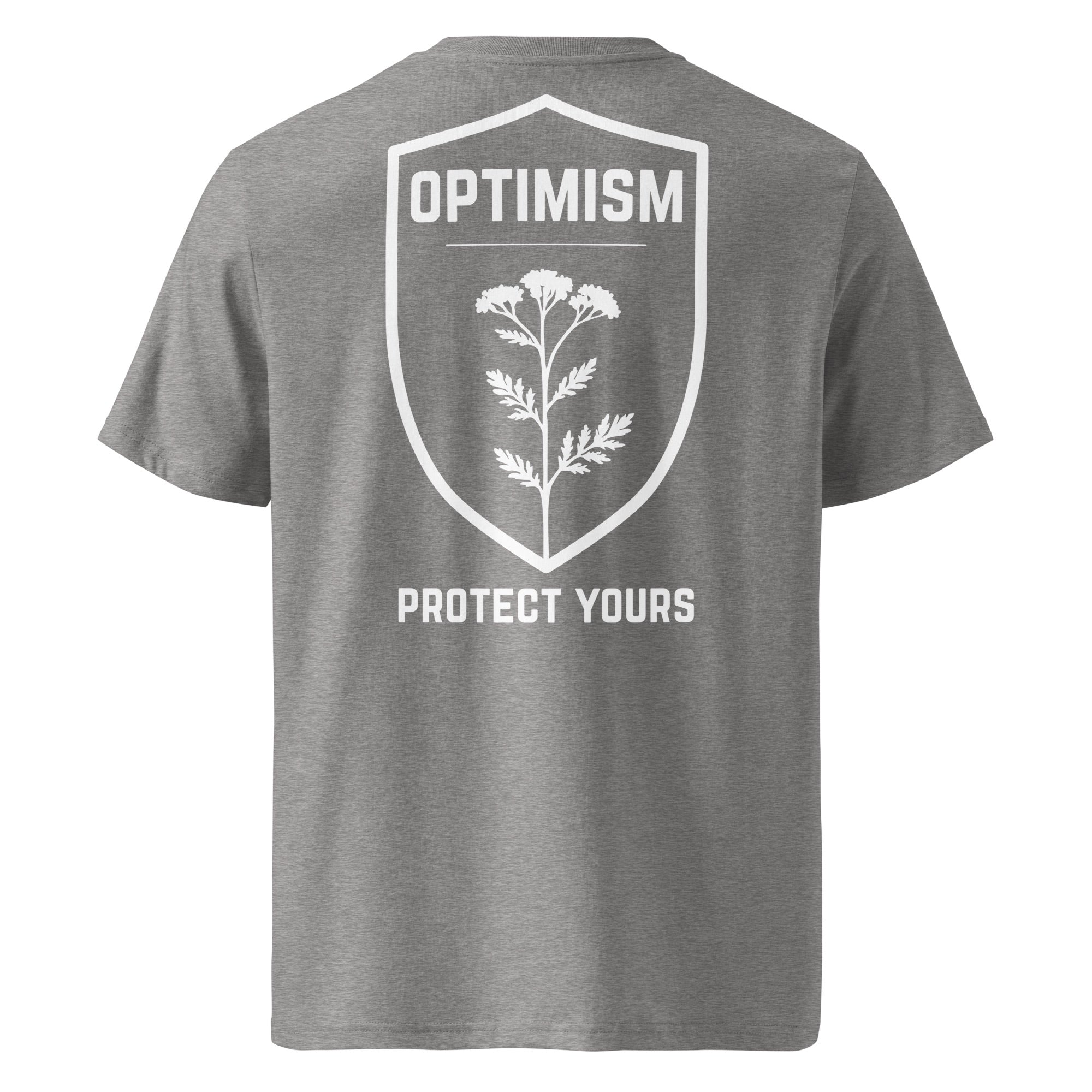 Back view of a heather gray Build It Boldly unisex organic ribbed-neck t-shirt with white “Optimism Protect Yours” shield graphic on a plain background.
