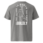 Back view of a heather gray Build It Boldly unisex organic ribbed-neck t-shirt with boxing gloves graphic and “The Future Is Worth the Fight” design.