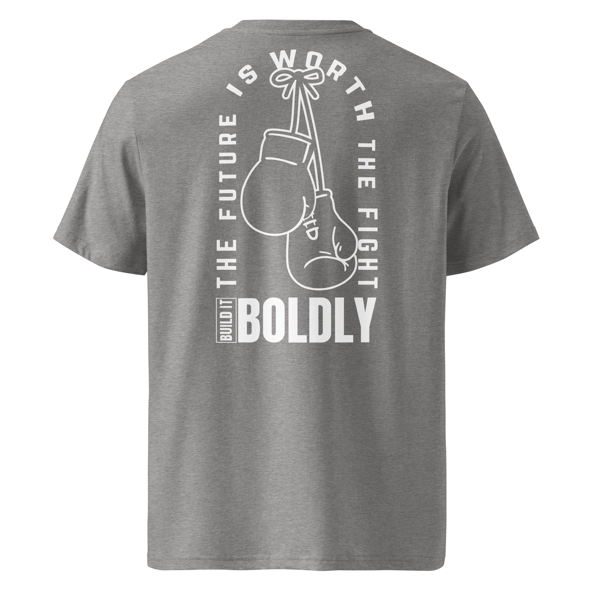 Back view of a heather gray Build It Boldly unisex organic ribbed-neck t-shirt with boxing gloves graphic and “The Future Is Worth the Fight” design.