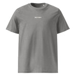 Front view of a heather gray Build It Boldly unisex organic ribbed-neck t-shirt with small white chest logo on a plain background.