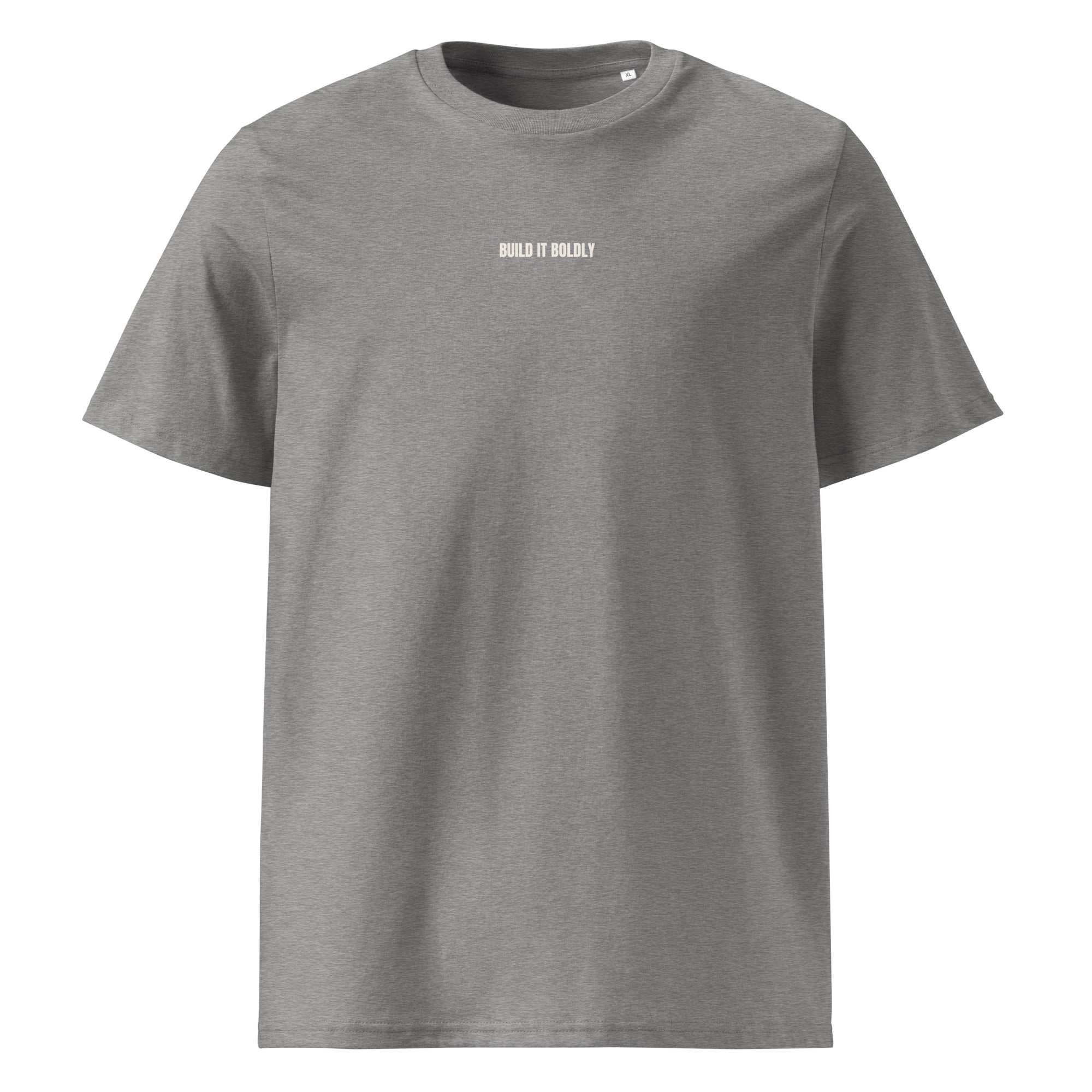 Front view of a heather gray Build It Boldly unisex organic ribbed-neck t-shirt with small white chest logo on a plain background.