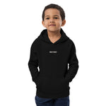 Front view of a child wearing a black Build It Boldly kids hoodie with small white chest logo.