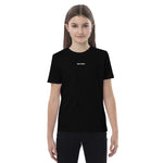 Teen wearing a black Build It Boldly organic cotton t-shirt with small white chest logo, shown in front-facing model view.