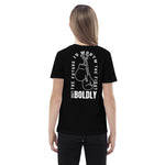 Back view of a black Build It Boldly kids organic cotton t-shirt with boxing gloves graphic and “The Future Is Worth the Fight” message.