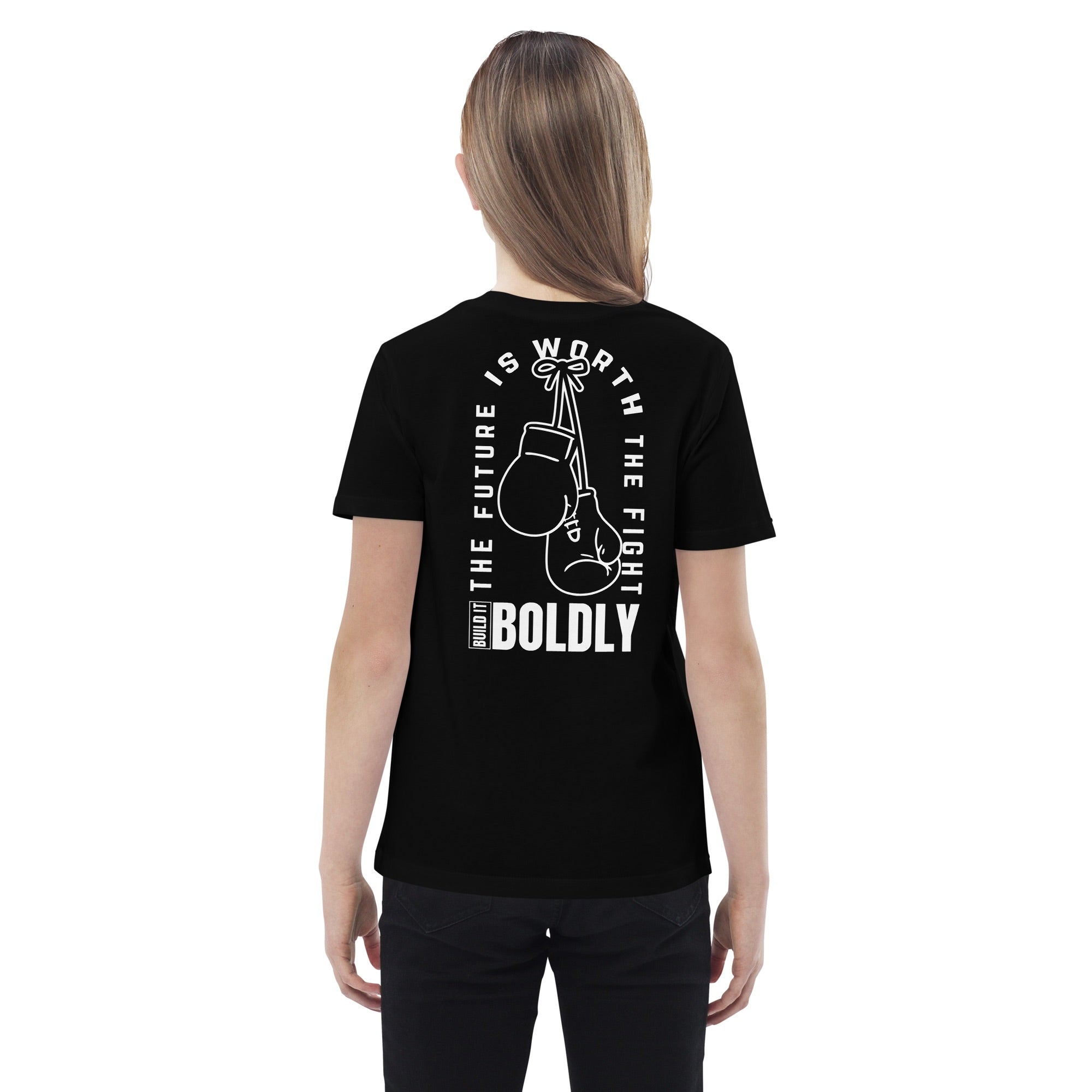 Back view of a black Build It Boldly kids organic cotton t-shirt with boxing gloves graphic and “The Future Is Worth the Fight” message.