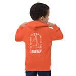 Back view of a child wearing a burnt orange Build It Boldly kids hoodie with boxing gloves graphic and the phrase “The Future Is Worth the Fight.”