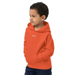 Child wearing a burnt orange Build It Boldly kids hoodie with small white chest logo.