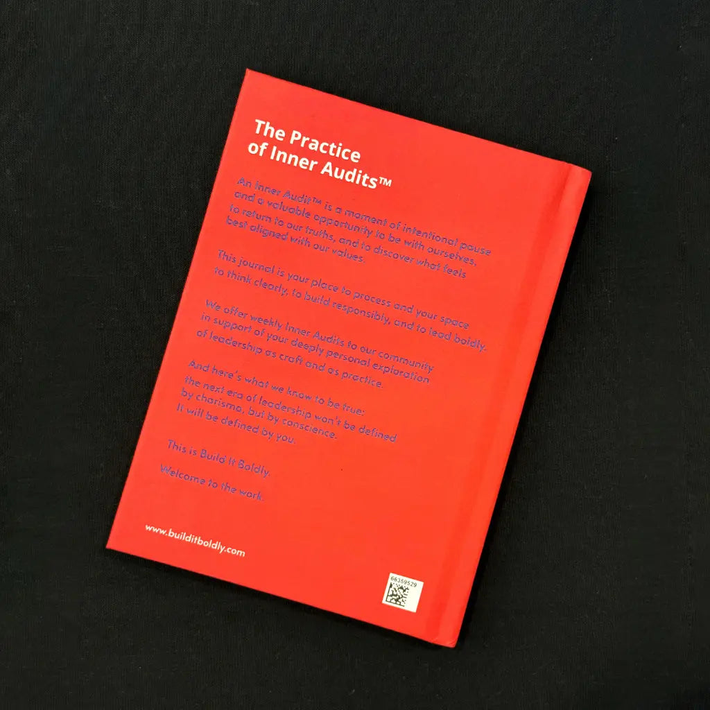 Back cover of The Inner Audit Journal showing Build It Boldly brand copy about inner audits, intentional pause, values, and leadership practice.