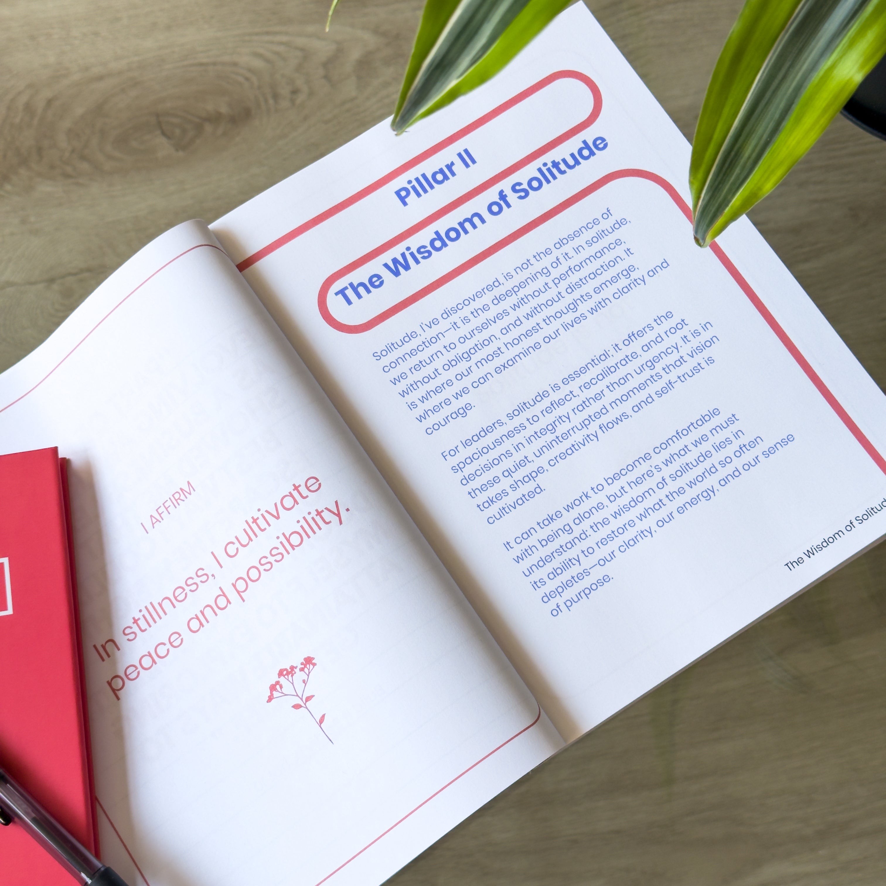 Close-up of The Leader’s Work workbook featuring Pillar II, The Wisdom of Solitude.
