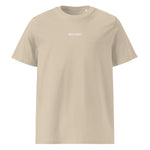Front view of a desert dust Build It Boldly unisex organic ribbed-neck t-shirt with small white chest logo on a plain background.