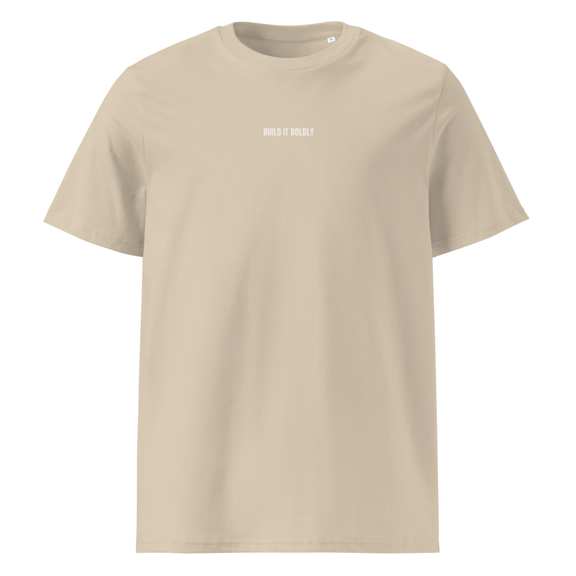 Front view of a desert dust Build It Boldly unisex organic ribbed-neck t-shirt with small white chest logo on a plain background.