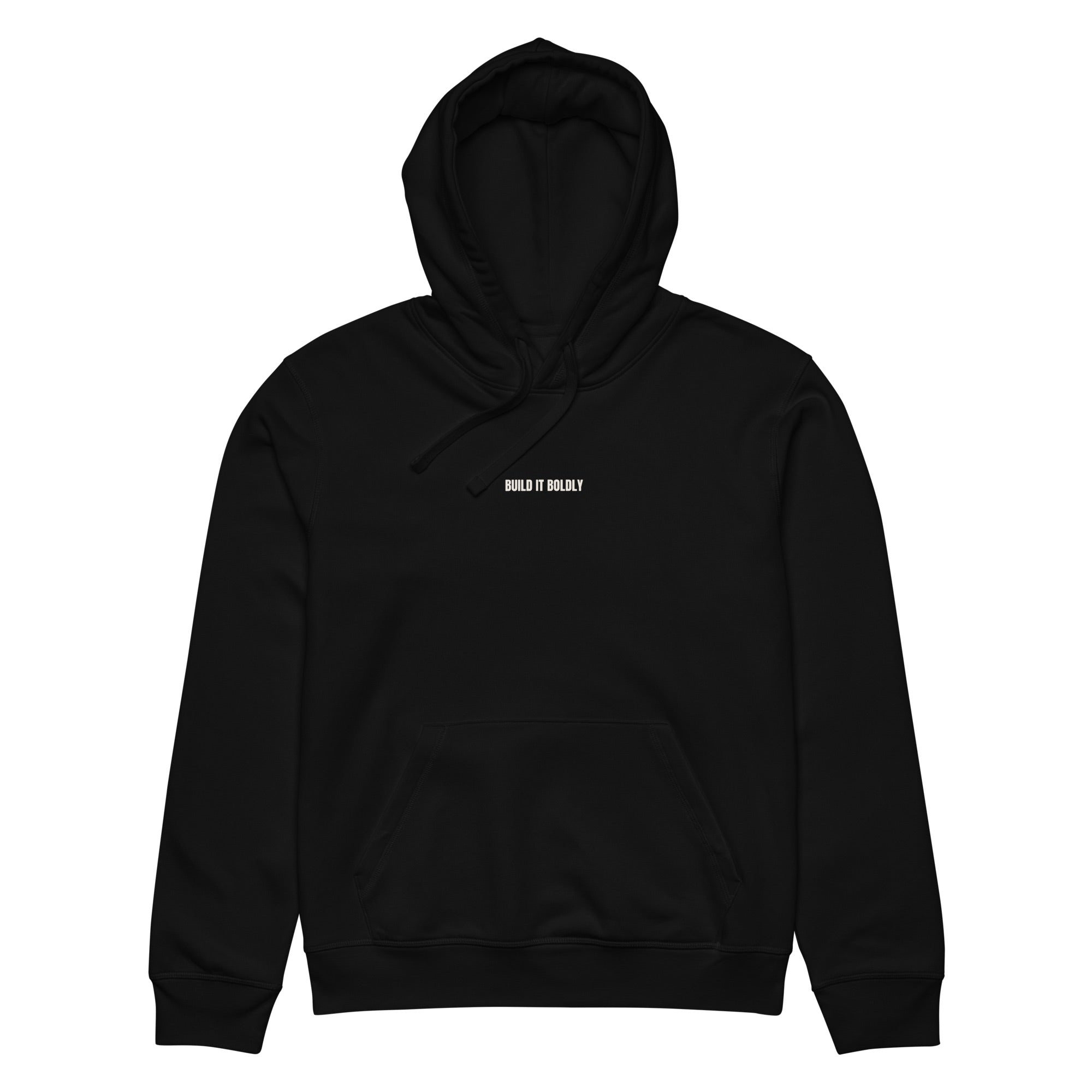 Front view of a black Build It Boldly unisex organic hoodie with small white chest logo on a plain background.