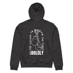 Back view of a dark heather gray Build It Boldly unisex organic hoodie with boxing gloves graphic and “The Future Is Worth the Fight” design on a plain background.