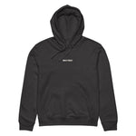 Front view of a dark heather gray Build It Boldly unisex organic hoodie with small white chest logo on a plain background.